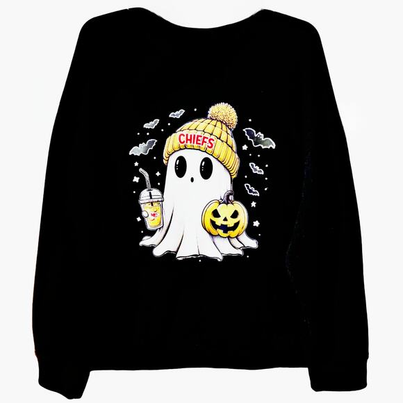 KC Chiefs Halloween Ghost Black DriWorks Moisture Wicking Long Sleeve T-Shirt - Picture 1 of 4
